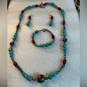 Turquoise and Red Beaded Jewelry Set